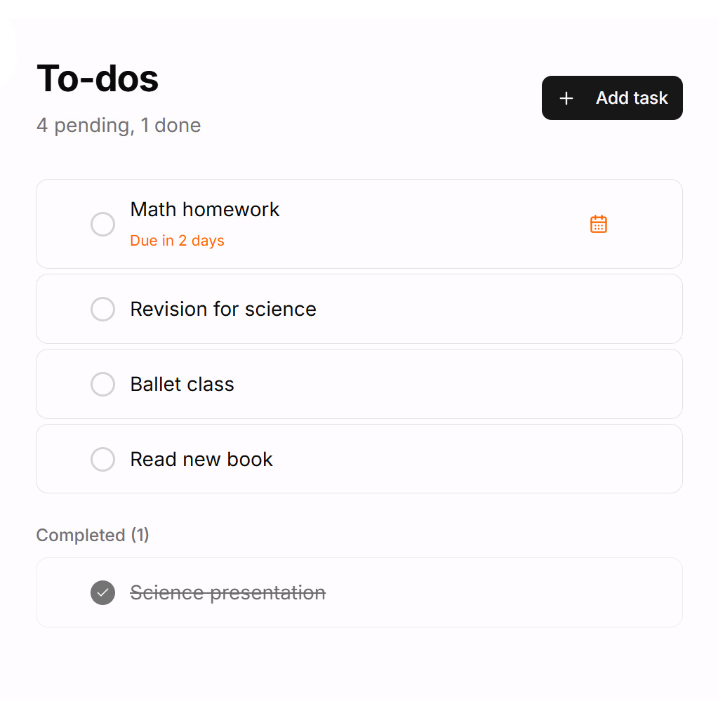 To-do list with tasks organised by category