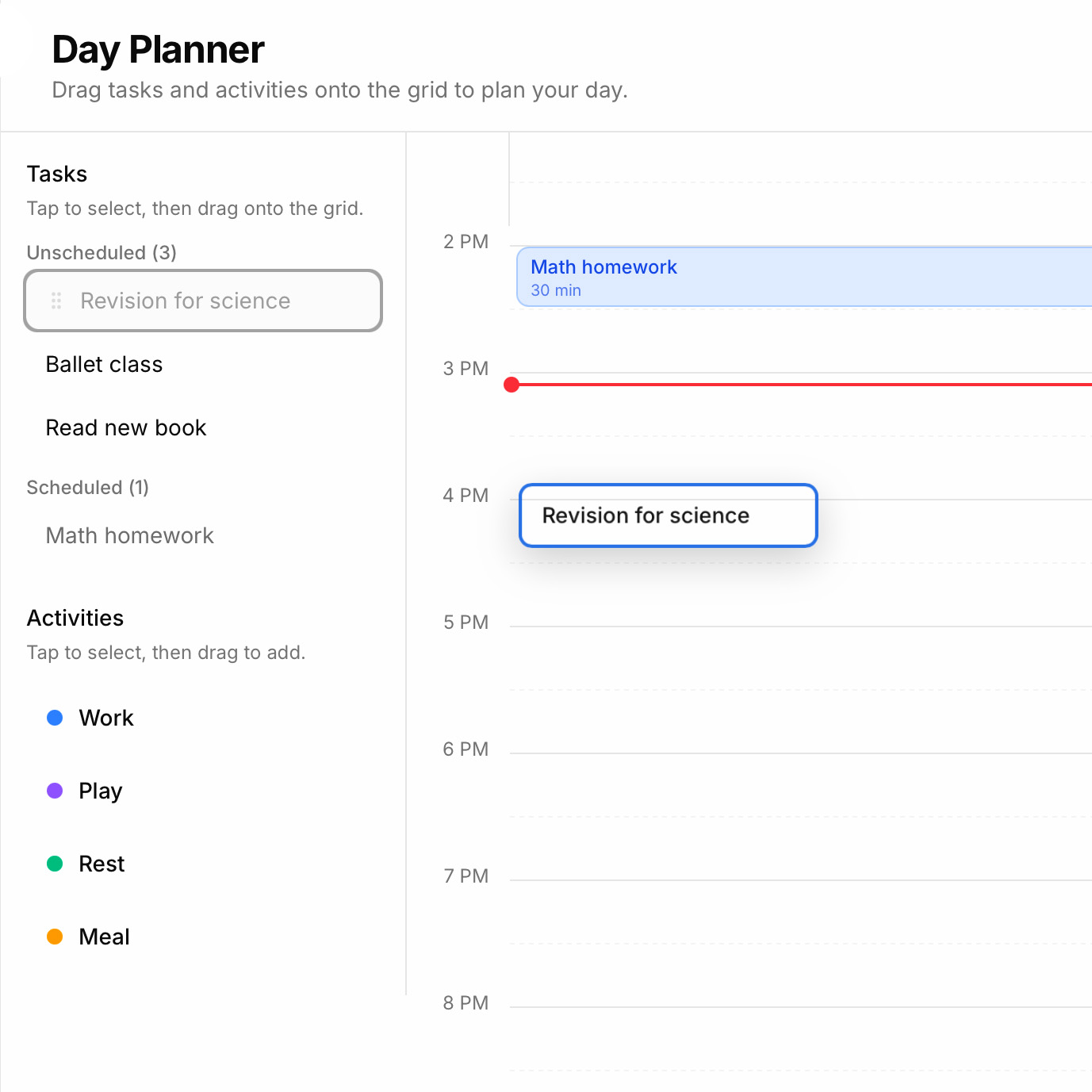 Day planner with tasks dragged onto a timeline