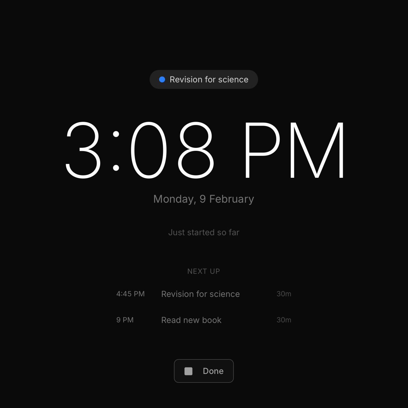 Focus mode with timer and current activity