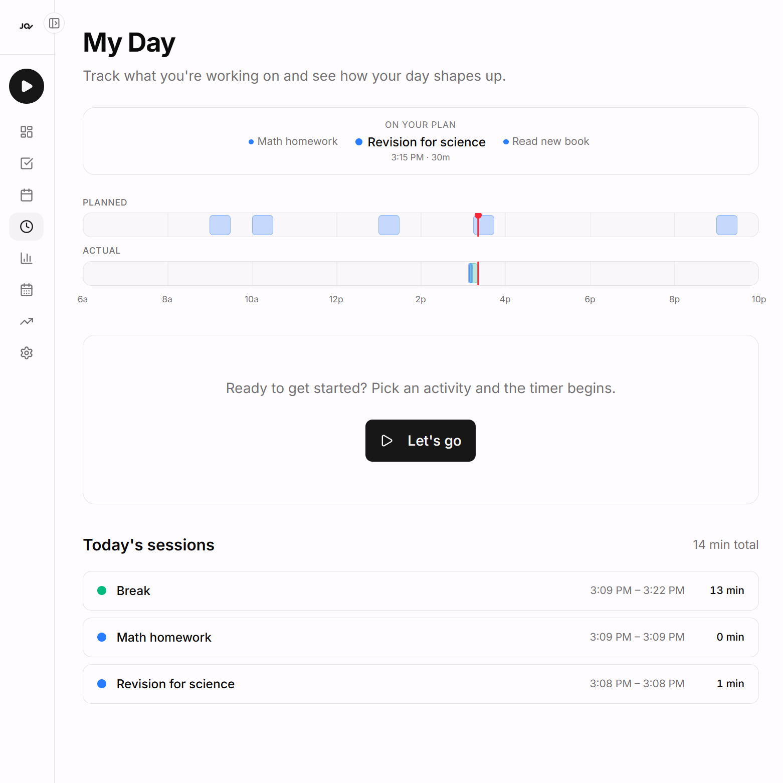 Review page showing plan vs actual with daily score